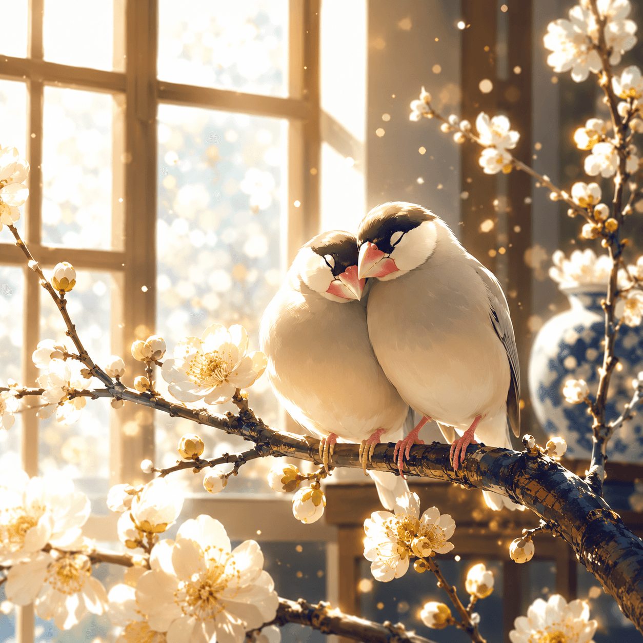 寄り添う二羽の文鳥のイラスト(相性のイメージ)
