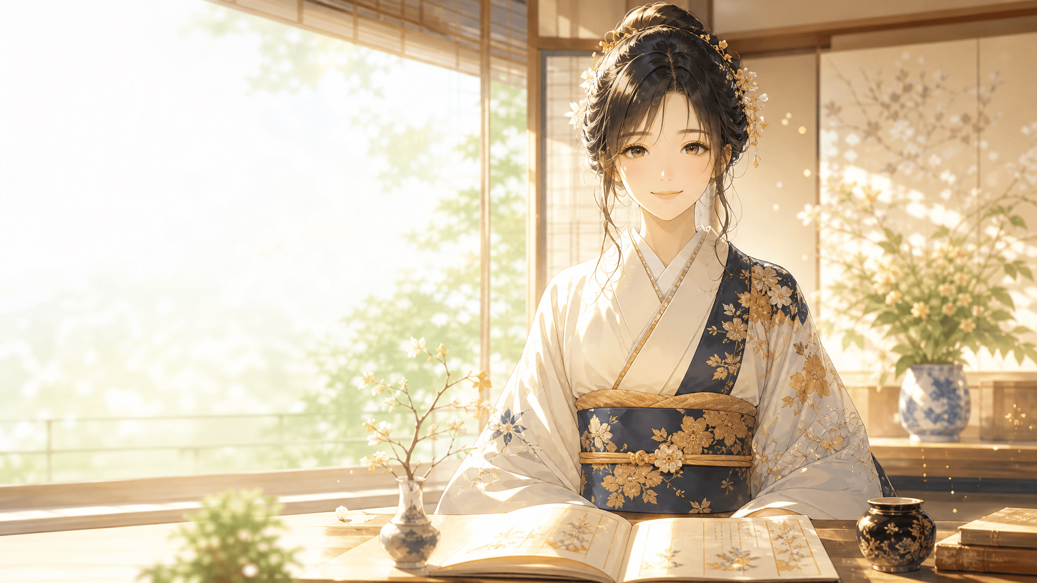 朝の光の中、暦をひらく和装の女性のイラスト