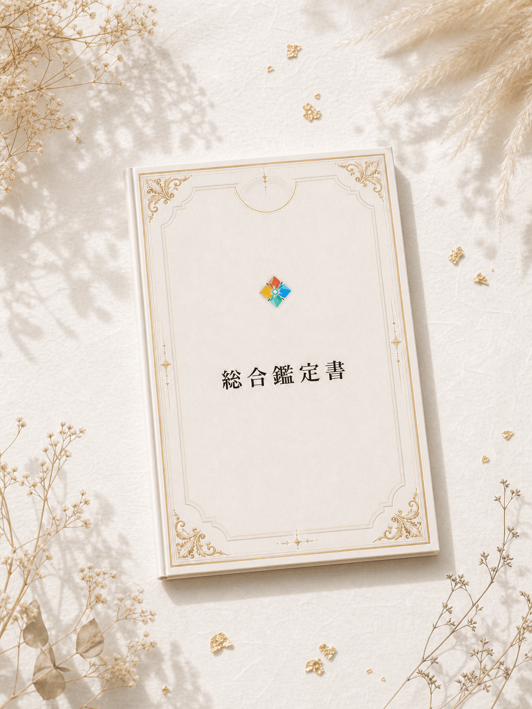 総合鑑定書のイメージ(和紙の上に置かれた一冊)